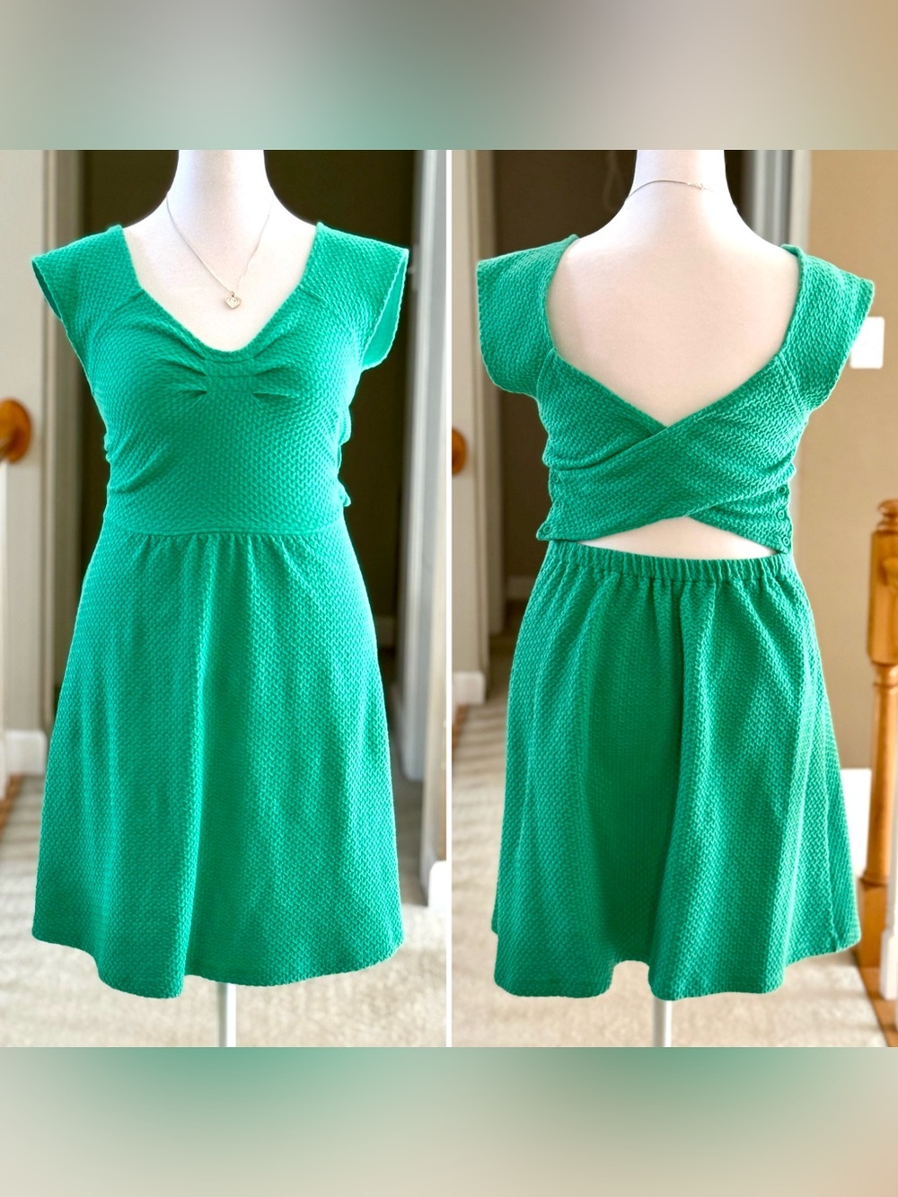 Anthropologie Postmark Matilde Green Textured Cap-Sleeve Dress Cross Back